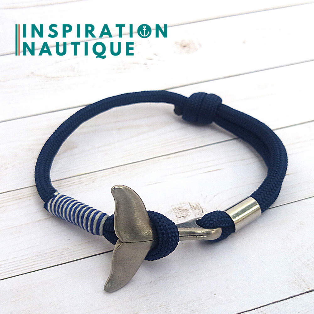 Marine bracelet with whale tail for women or men in 550 paracord and stainless steel, adjustable, Navy