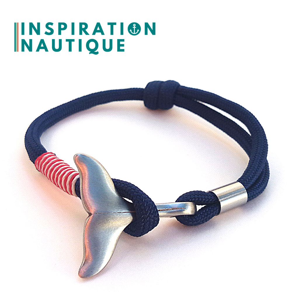 Marine bracelet with whale tail for women or men in 550 paracord and stainless steel, adjustable, Navy