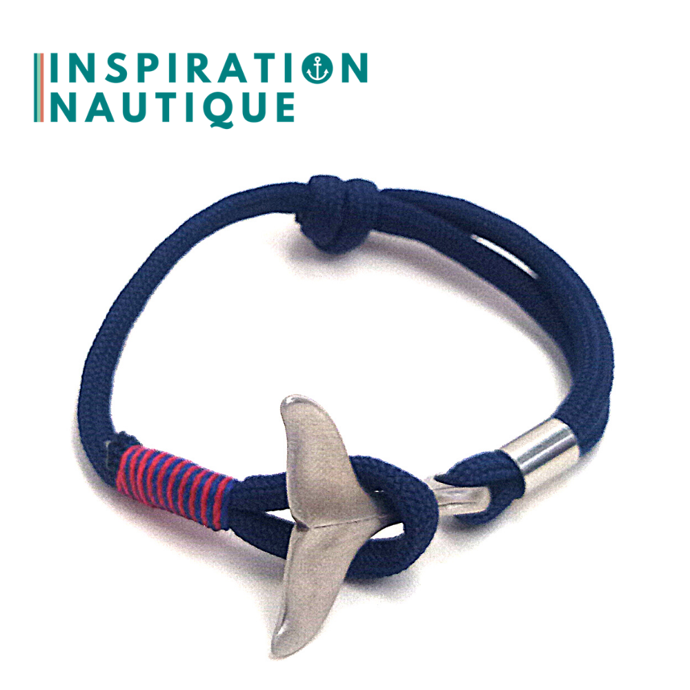 Marine bracelet with whale tail for women or men in 550 paracord and stainless steel, adjustable, Navy