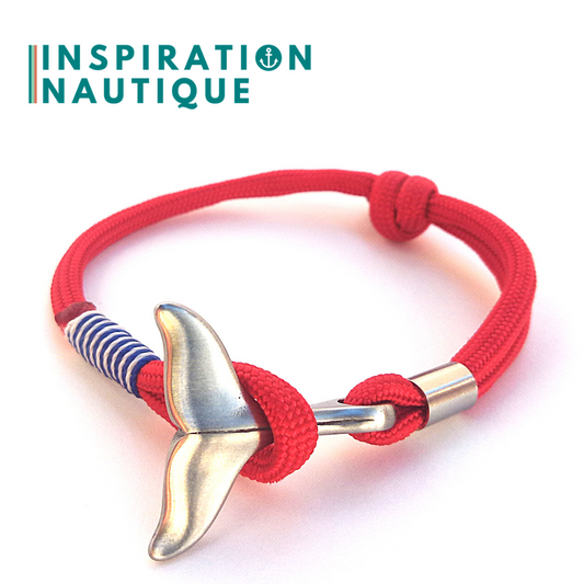Bracelet marin avec queue de baleine en paracorde 550 et acier inoxydable, ajustable, Rouge, surliure marine et blanche, Medium