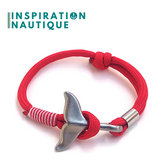 Prêt-à-partir | Bracelet marin avec queue de baleine pour femme ou homme en paracorde 550 et acier inoxydable, ajustable, Rouge, surliure rouge et blanche, Small