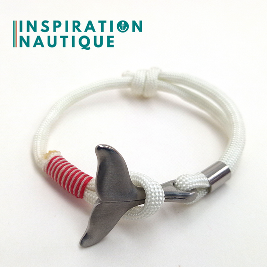 Bracelet marin avec queue de baleine en paracorde 550 et acier inoxydable, ajustable, Blanc, surliure rouge et blanche, Small
