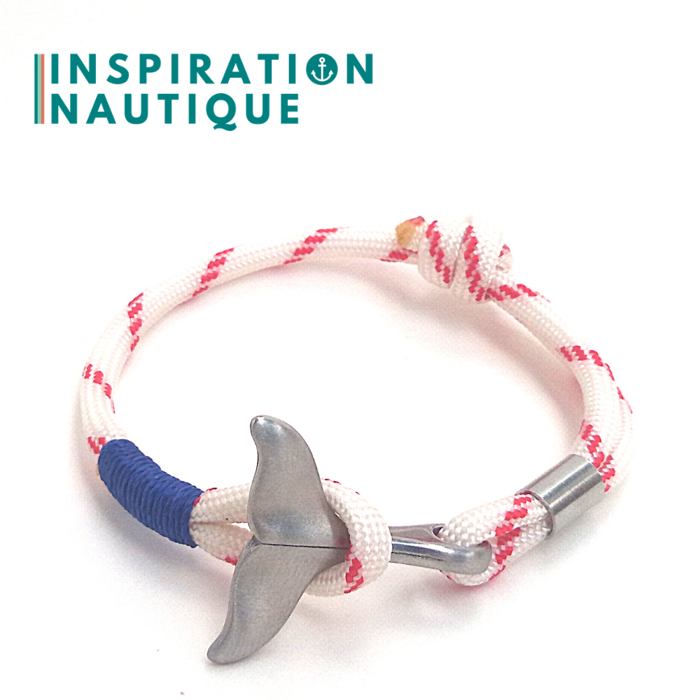 Marine bracelet with whale tail for women or men in 550 paracord and stainless steel, adjustable, White with red tracer