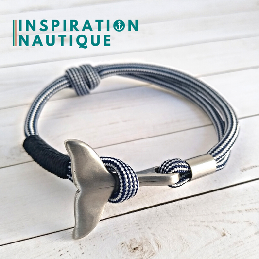 Bracelet marin avec queue de baleine pour femme ou homme en paracorde 550 et acier inoxydable, ajustable, Marine et blanc, ligné