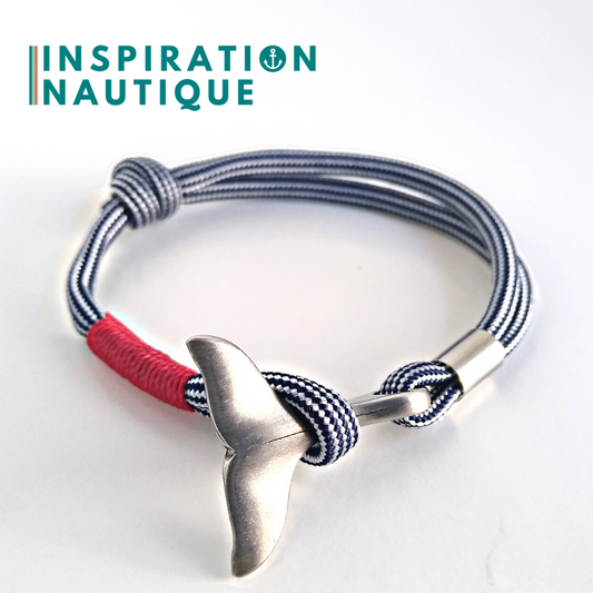 Bracelet marin avec queue de baleine en paracorde 550 et acier inoxydable, ajustable,  Marine et blanc ligné, surliure rouge, Medium