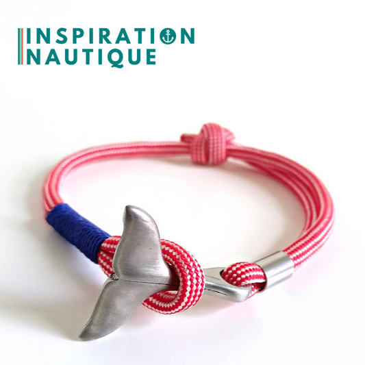 Bracelet marin avec queue de baleine en paracorde 550 et acier inoxydable, ajustable,  Rouge et blanc ligné, surliure marine, Medium