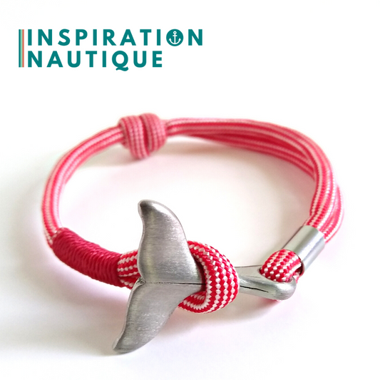 Bracelet marin avec queue de baleine en paracorde 550 et acier inoxydable, ajustable,  Rouge et blanc ligné, surliure rouge, Medium