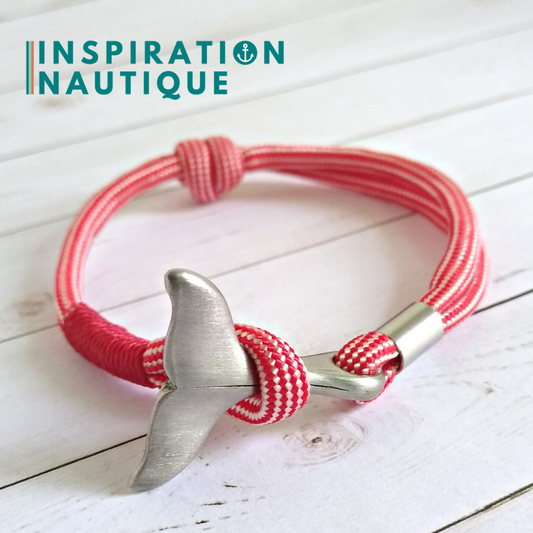 Bracelet marin avec queue de baleine pour femme ou homme en paracorde 550 et acier inoxydable, ajustable, Rouge et blanc, ligné