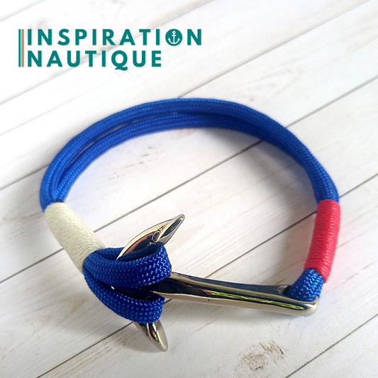 Bracelet marin avec ancre en paracorde 550 et acier inoxydable, Bleu, blanc, rouge