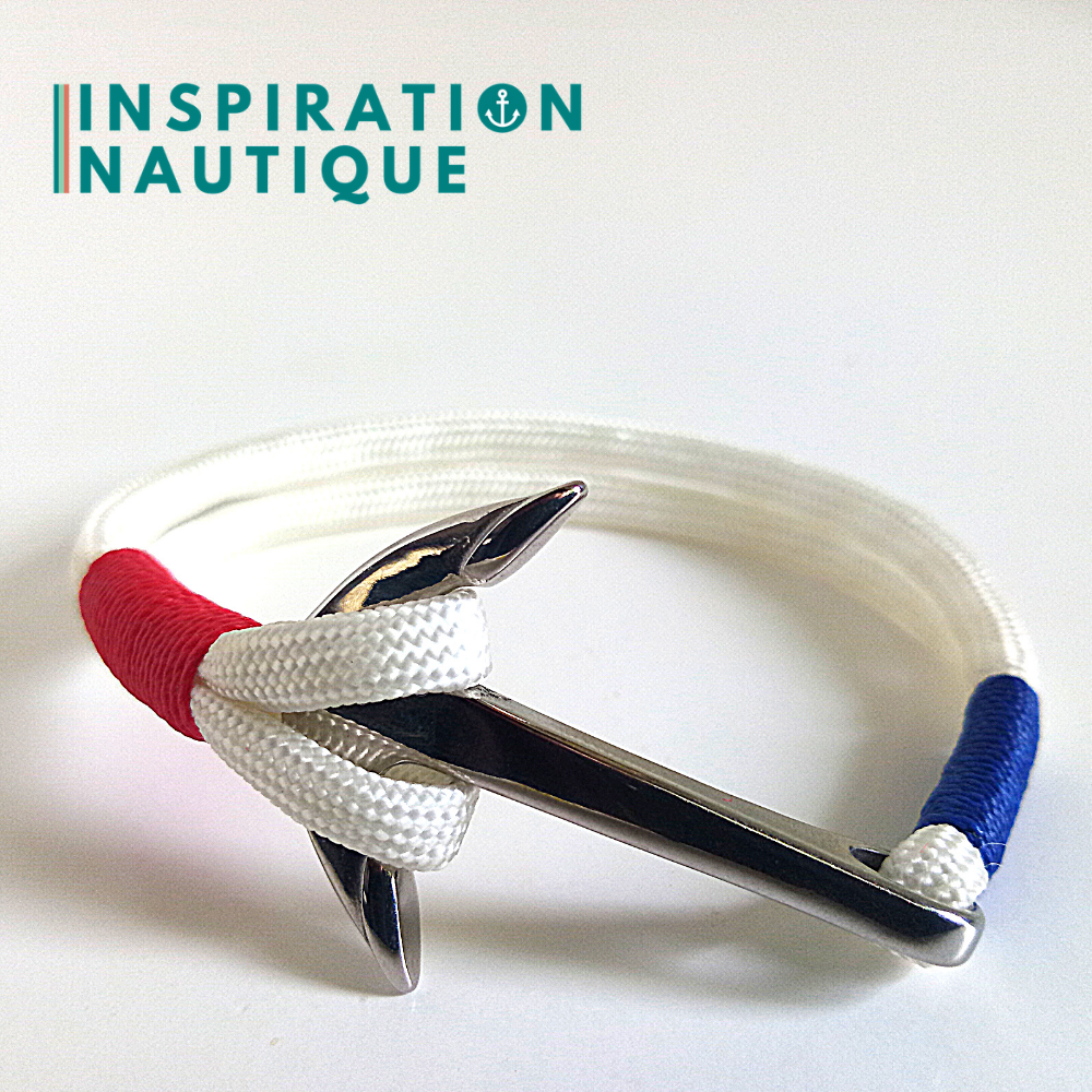 Bracelet avec ancre pour homme ou femme, en paracorde 550 et acier inoxydable, Blanc, bleu, rouge, Large