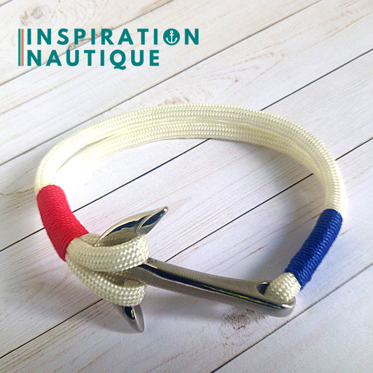 Bracelet marin avec ancre en paracorde 550 et acier inoxydable, Blanc, bleu, rouge