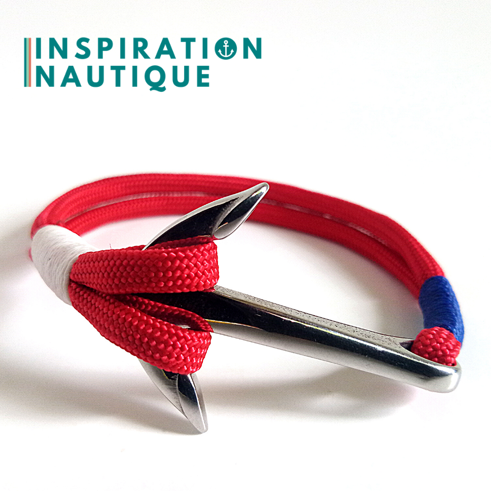 Bracelet marin avec ancre en paracorde 550 et acier inoxydable, Rouge, bleu, blanc