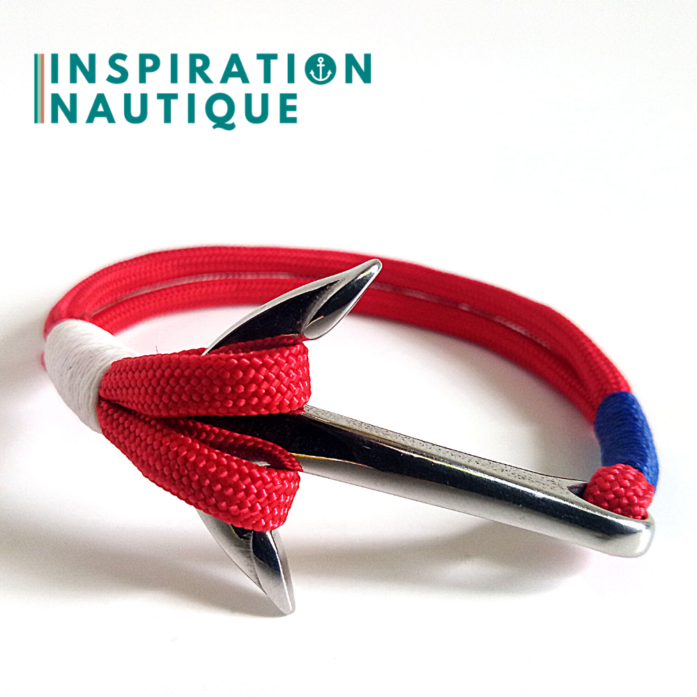Bracelet avec ancre pour homme ou femme, en paracorde 550 et acier inoxydable, Rouge, bleu, blanc, Medium