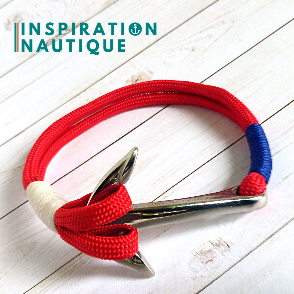 Bracelet marin avec ancre en paracorde 550 et acier inoxydable, Rouge, bleu, blanc