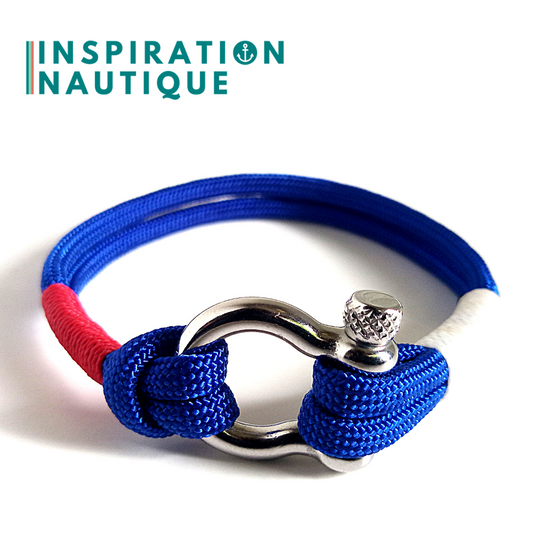 Bracelet avec manille pour homme ou femme, en paracorde 550 et acier inoxydable, Bleu, blanc, rouge, Large