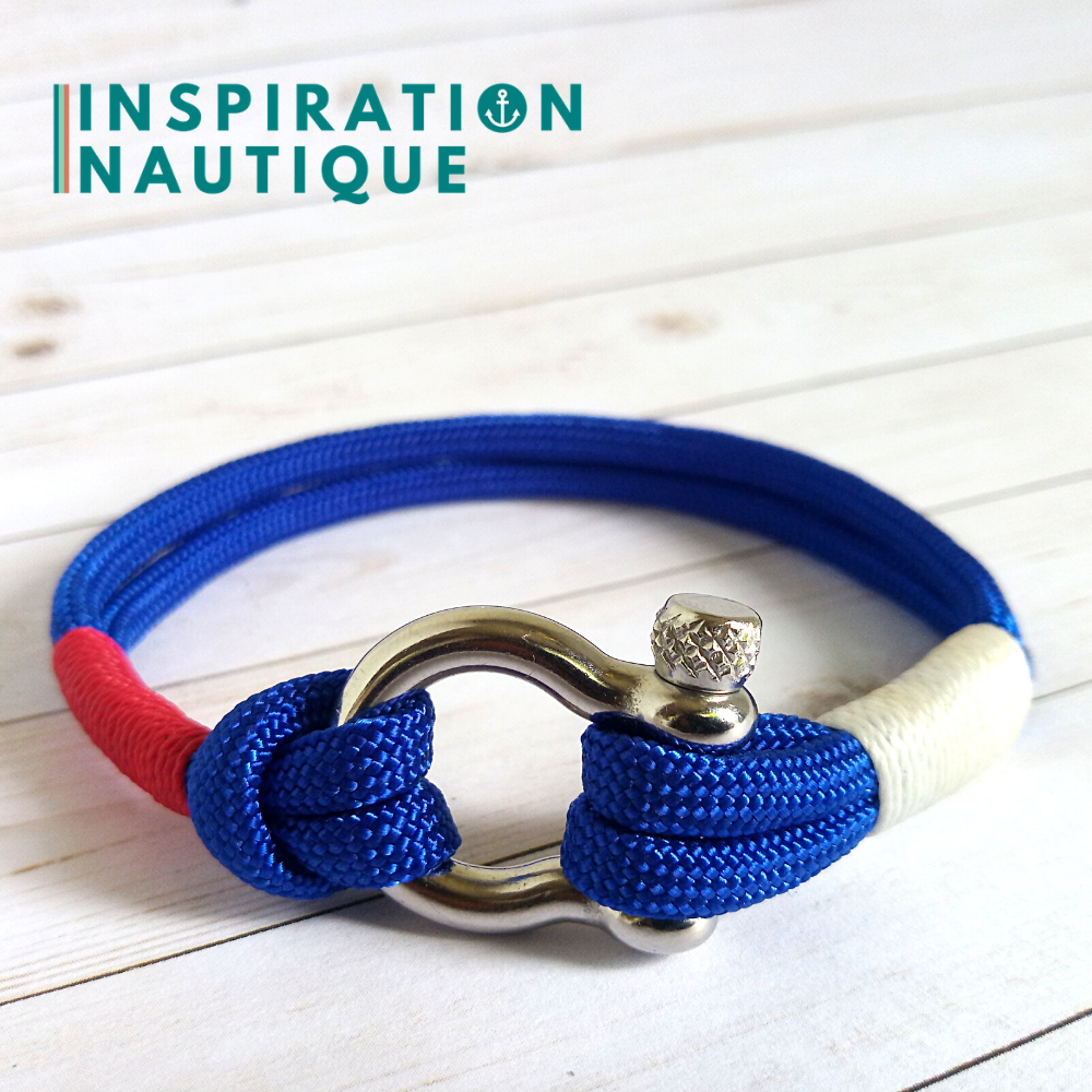 Bracelet marin avec manille en paracorde 550 et acier inoxydable, Bleu, blanc, rouge