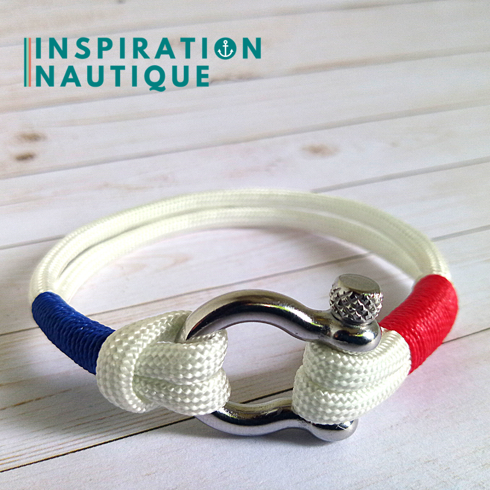Bracelet marin avec manille en paracorde 550 et acier inoxydable, Blanc, bleu, rouge