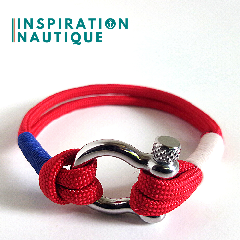 Bracelet avec manille pour homme ou femme, en paracorde 550 et acier inoxydable, Rouge, bleu, blanc, Medium