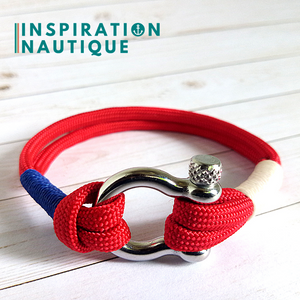 Bracelet avec manille pour homme ou femme, en paracorde 550 et acier inoxydable, Rouge, bleu, blanc