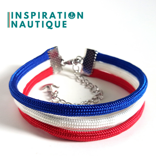Bracelet marin triple rayures en paracorde 550 et acier inoxydable, Bleu, blanc et rouge, Medium