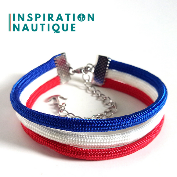 Prêt-à-partir | Bracelet marin triple rayures unisexe en paracorde 550 et acier inoxydable, Bleu, blanc et rouge, Medium