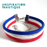 Prêt-à-partir | Bracelet marin triple rayures unisexe en paracorde 550 et acier inoxydable, Bleu, blanc et rouge, Medium