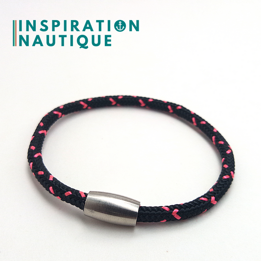 Bracelet simple avec aimant en cordage de bateau et acier inoxydable, Noir avec traceur rose, Small