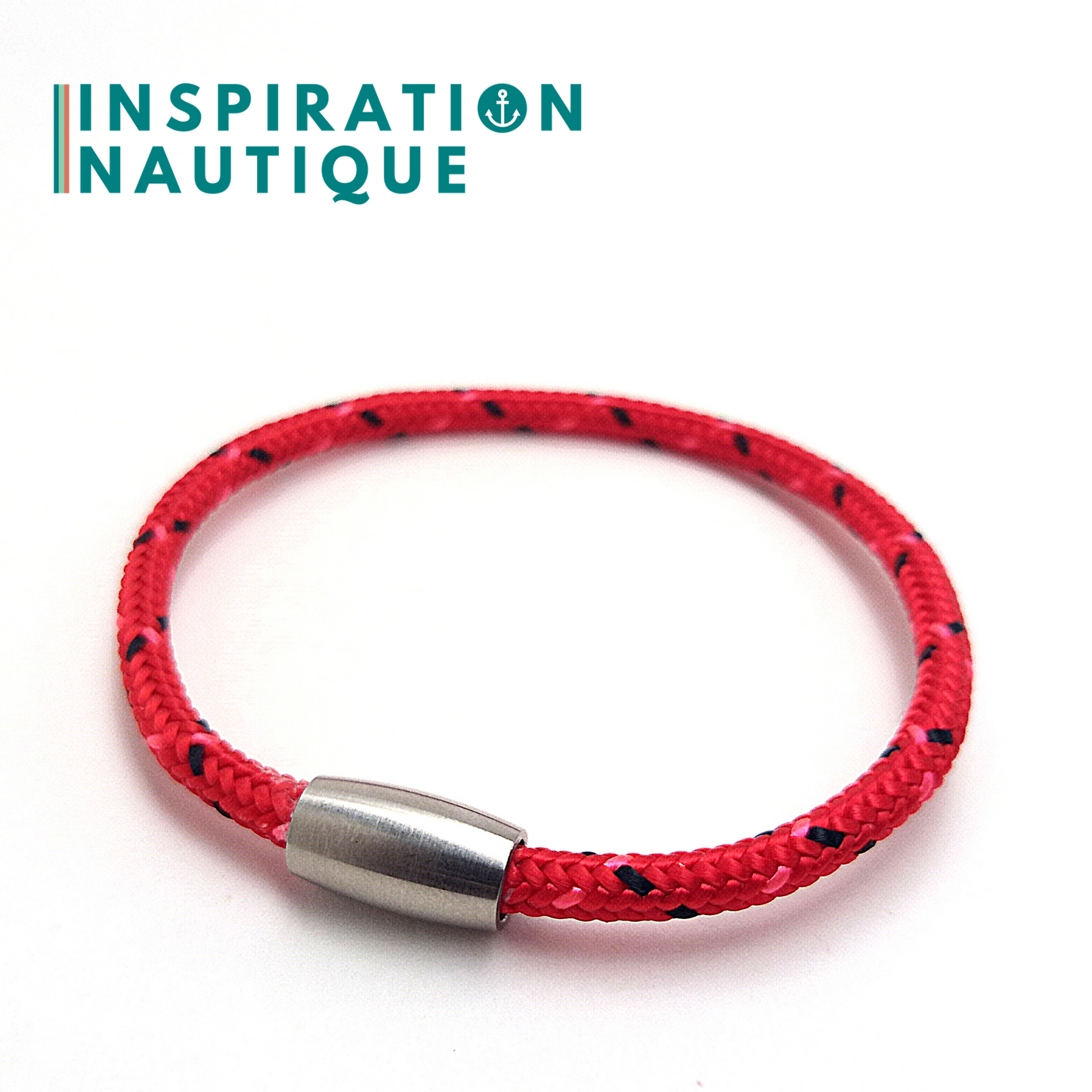 Bracelet simple avec aimant en cordage de bateau et acier inoxydable, Rouge avec traceurs noir et rose, X-Small-Small