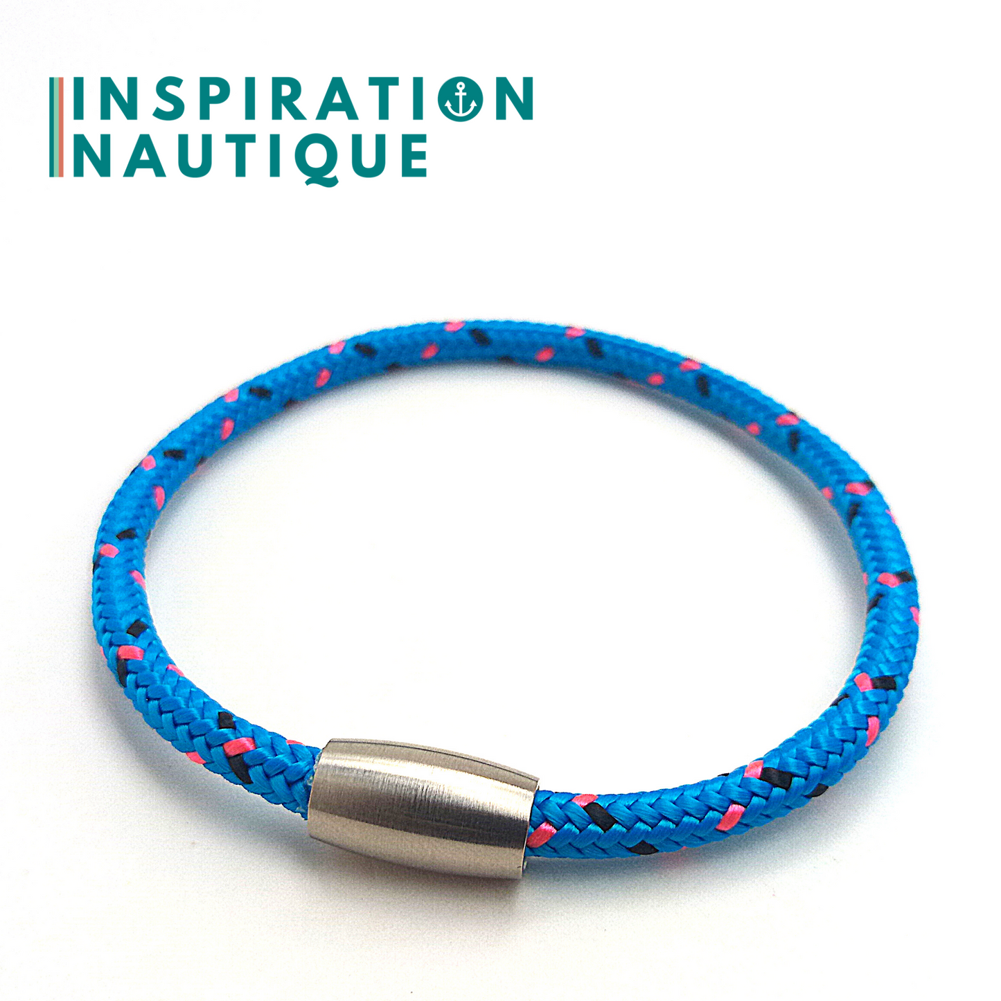 Bracelet simple avec aimant en cordage de bateau et acier inoxydable, Bleu avec traceurs noir et rose, Medium-Large