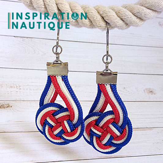 Boucles d'oreilles Double Coin Knot, Bleues, blanches et rouges