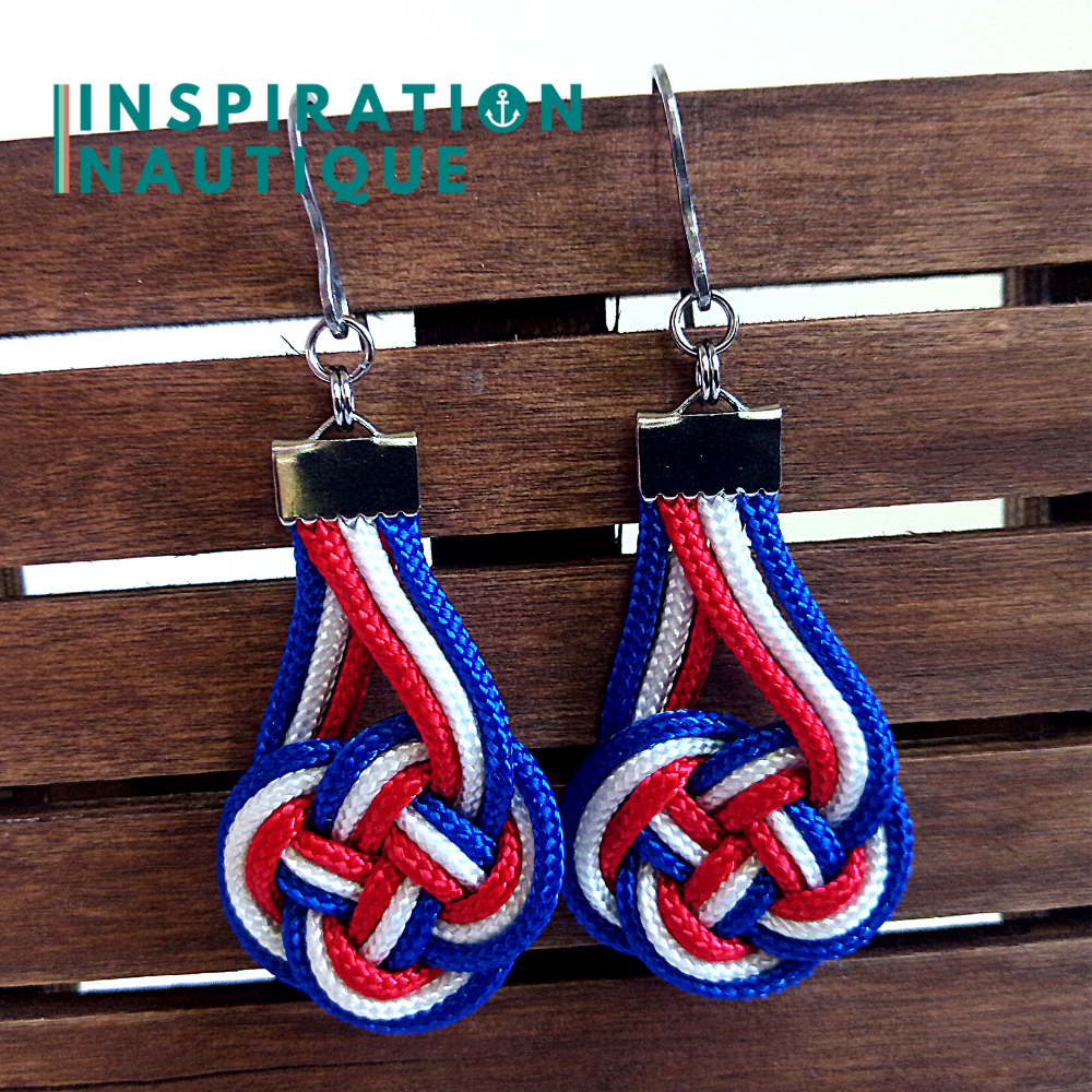 Boucles d'oreilles Double Coin Knot, Bleues, blanches et rouges