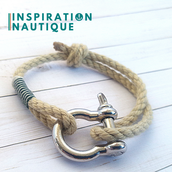 Bracelet marin avec manille pour homme ou femme en cordage de bateau et acier inoxydable, ajustable, Naturel et couleurs variées