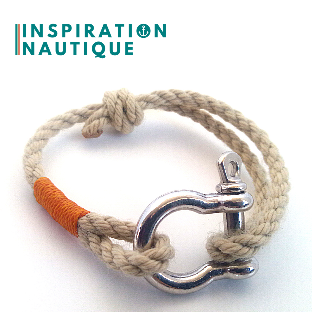 Bracelet marin avec manille pour homme ou femme en cordage de bateau et acier inoxydable