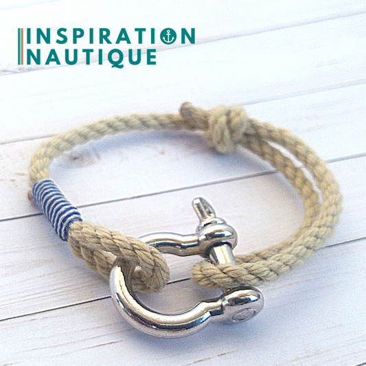 Marine bracelet with shackle for men or women in authentic boat rope and stainless steel, adjustable, Natural and classic colors