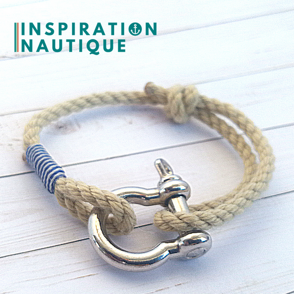 Bracelet marin avec manille pour homme ou femme en cordage de bateau authentique et acier inoxydable, ajustable, Naturel et couleurs classiques