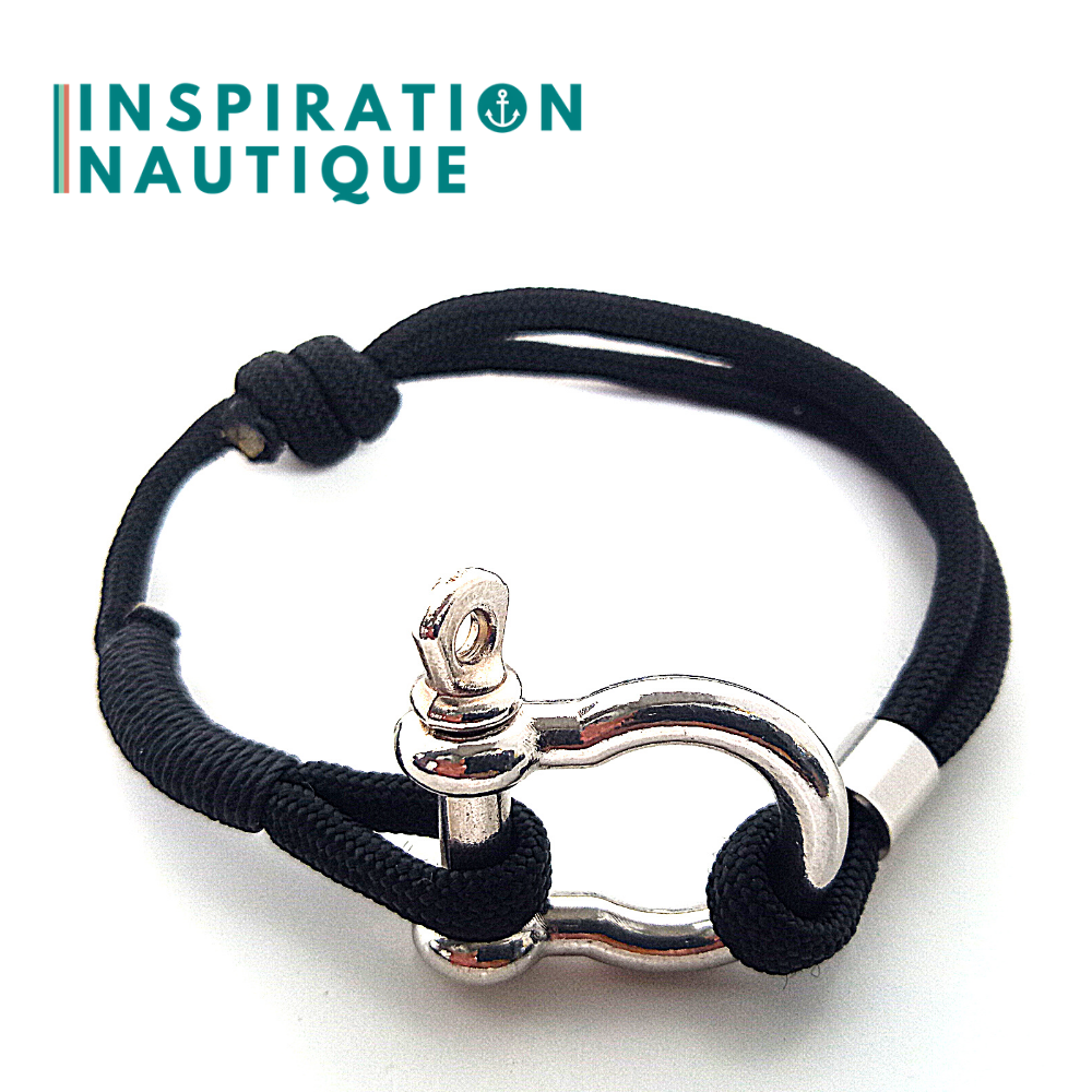 Bracelet marin avec manille en paracorde 550 et acier inoxydable, ajustable, Noir, Surliure noire, Small