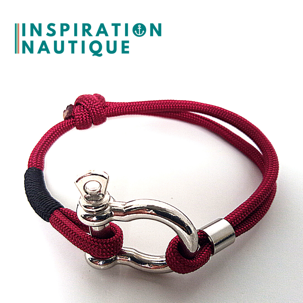 Bracelet marin avec manille en paracorde 550 et acier inoxydable, ajustable, Bourgogne, Surliure noire, Small