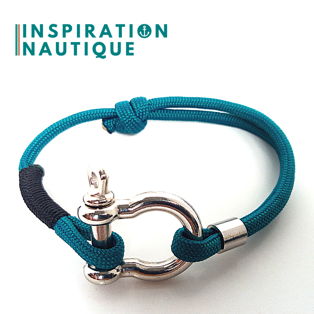 Bracelet marin avec manille en paracorde 550 et acier inoxydable, ajustable, Sarcelle, Surliure noire, Medium