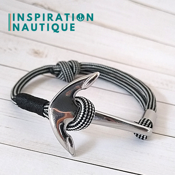 Bracelet marin avec ancre pour homme ou femme en paracorde 550 et acier inoxydable, ajustable, Noir et argenté, ligné