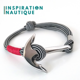 Bracelet ancre ajustable, Noir et argenté ligné, surliure rouge, Medium | Prêt-à-partir