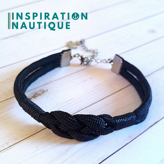 Bracelet marin avec noeud de carrick, unisexe, en paracorde 550 et acier inoxydable, Noir