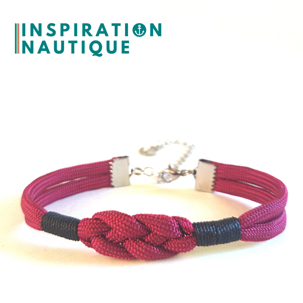 Bracelet marin avec noeud de carrick simple, en paracorde 550 et acier inoxydable, Bourgogne, Surliures noires, Medium