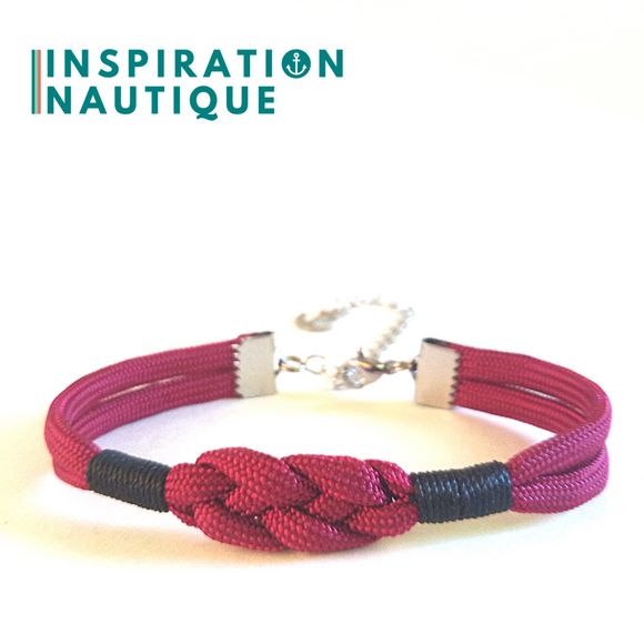 Prêt-à-partir | Bracelet marin avec noeud de carrick, unisexe, en paracorde 550 et acier inoxydable, Bourgogne, Surliures noires, Medium