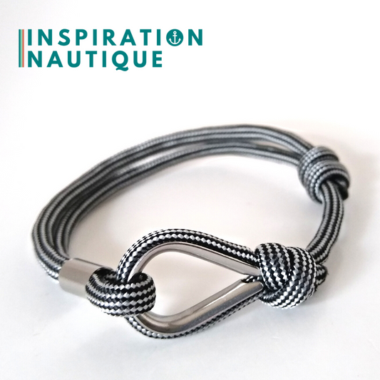 Bracelet marin avec cosse et noeud de pêcheur, Noir et argenté ligné, Medium