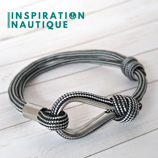 Bracelet marin avec cosse et noeud de pêcheur, Noir et argenté ligné