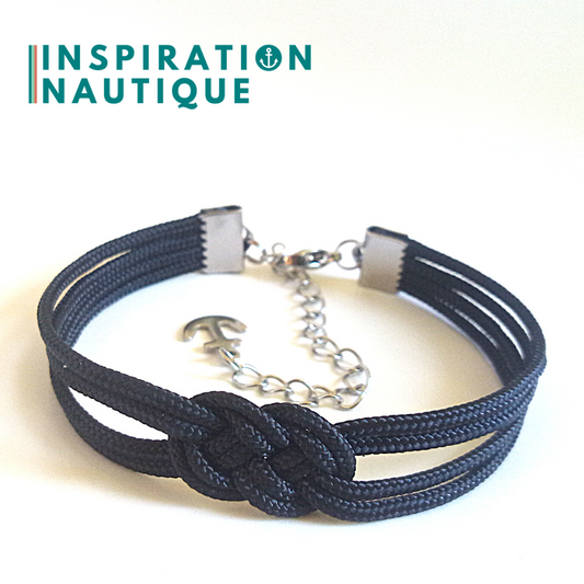 M - Bracelet marin avec mini noeud de carrick double, en petite paracorde et acier inoxydable, Noir, Medium