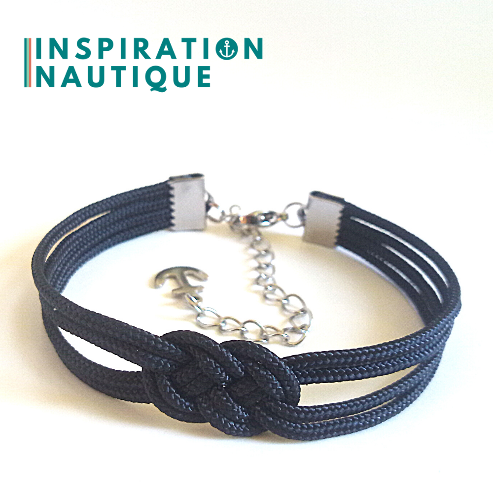 Bracelet marin avec mini noeud de carrick double, en petite paracorde et acier inoxydable, Noir, Small