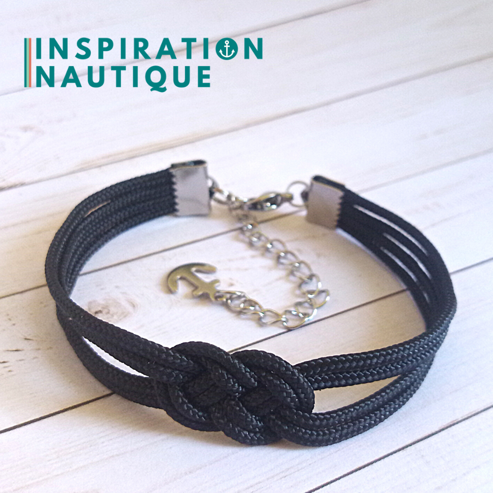 Bracelet marin avec mini noeud de carrick double unisexe, en petite paracorde et acier inoxydable, Noir