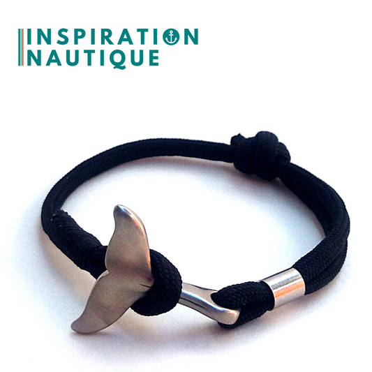 Bracelet marin avec queue de baleine en paracorde 550 et acier inoxydable, ajustable, Noir, Surliure noire, Small