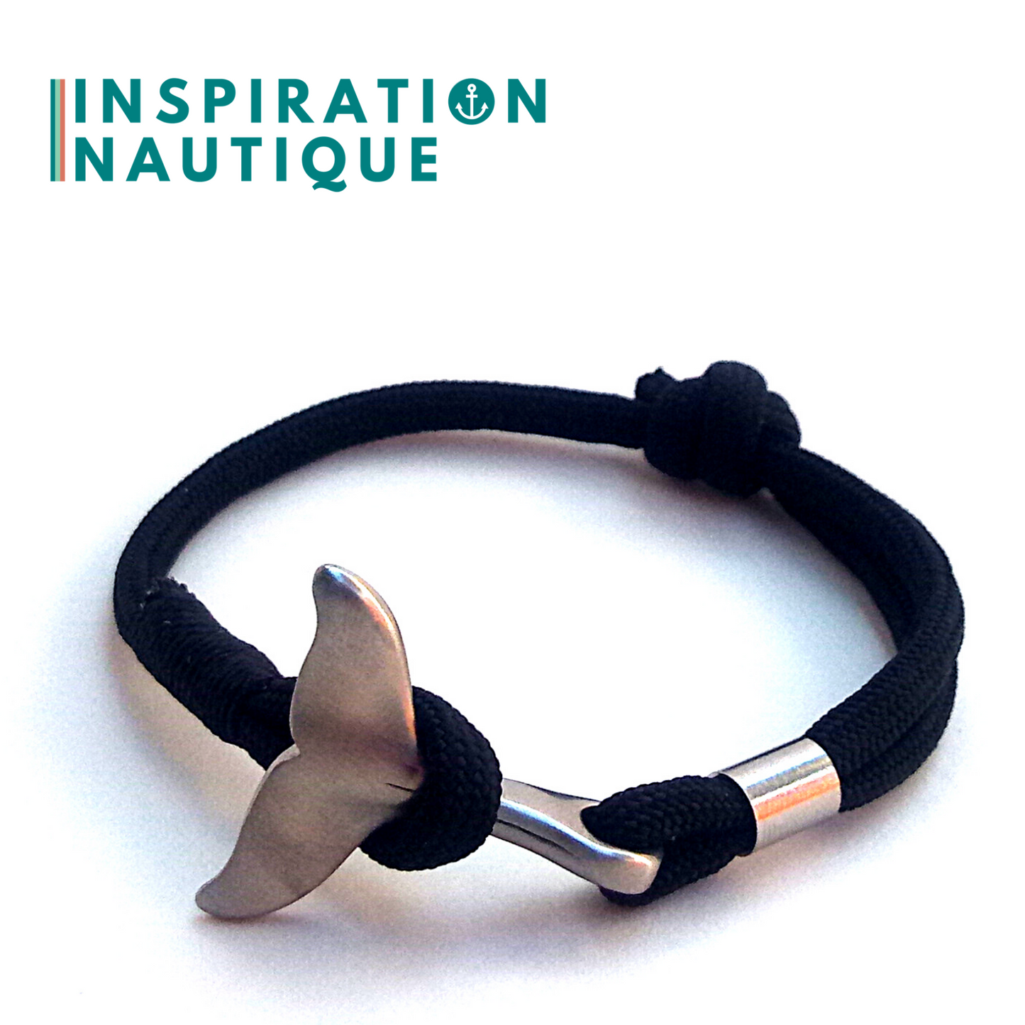 Bracelet marin avec queue de baleine en paracorde 550 et acier inoxydable, ajustable, Noir, Surliure noire, Medium